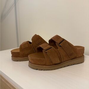 UGG Chestnut Suede Double-Buckle Platform Slides